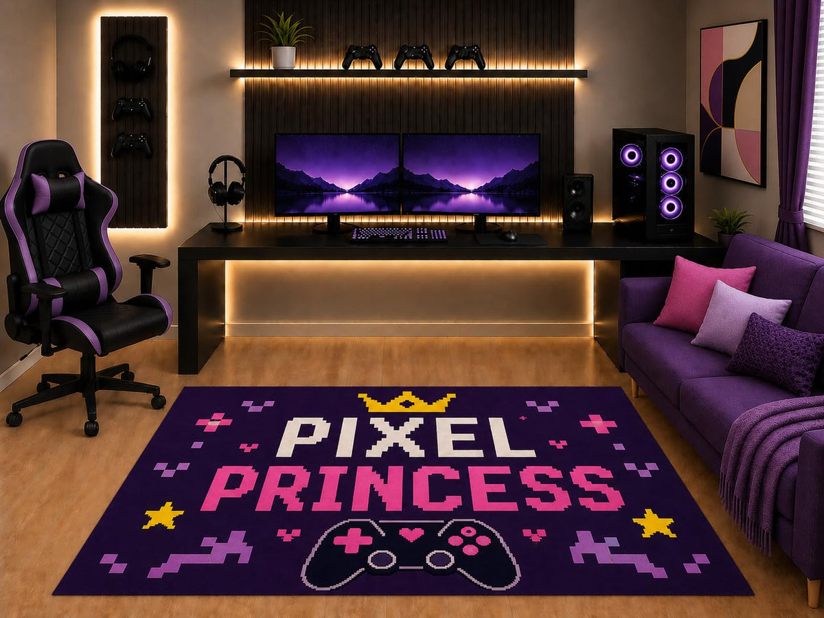 ICE ARMOR "Ultra Light Weight 5' x 7' Pixel Princess Gaming Area Rug Pink Purple Controller Graphic for Girls Teen Bedroom Gaming Room Playroom Non-Slip Silicone Backing Low Pile
