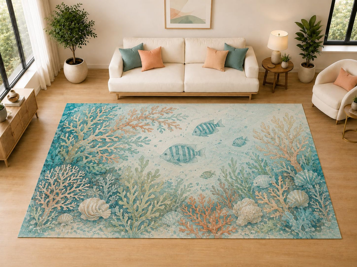 ICE ARMOR "Ultra Light Weight Large 6'7" x 9'10" Coral Reef Tropical Fish Decor, Living Room, Bedroom, Dining Room, Office, Family Room, Soft Low Pile Indoor Rug, Non-Slip Silicone Backing, Aqua