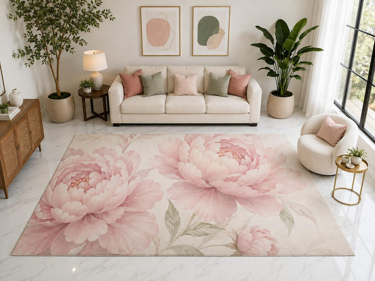 ICE ARMOR "Ultra Light Weight Large 6'7" x 9'10" Pink Peony Floral Rug, Soft Low Pile Indoor Rug, Non-Slip Silicone Backing for Living Room Pink