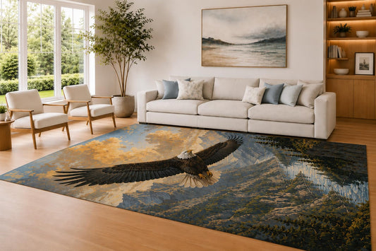 ICE ARMOR Large 6'7" x 9'10" Blue and Golden Color Flying Eagle Area Rug for Living Room, Soft Low Pile Carpet with Non-Slip Silicone Backing, Decor for Bedroom and Home Office