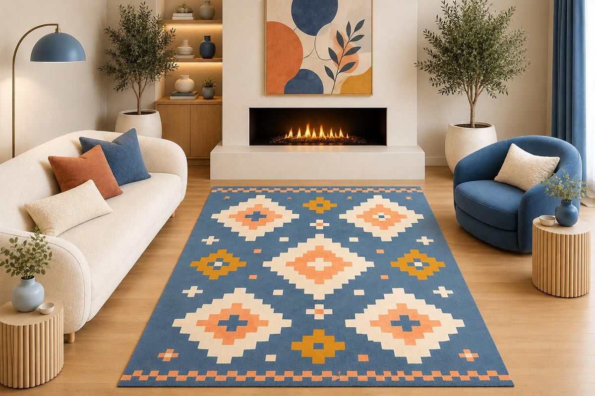ICE ARMOR 5' x 7' Southwestern Geometric Area Rug Tribal Diamond Pattern Navy Blue Peach Cream Mustard for Living Room Bedroom Dining Room Non-Slip Silicone Backing Low Pile