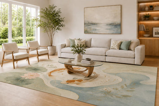 ICE ARMOR Large 6'7" x 9'10" Sage Green and Cream Koi Lotus Area Rug for Living Room, Soft Low Pile Carpet with Non-Slip Silicone Backing, Water Garden Decor for Bedroom Home Office