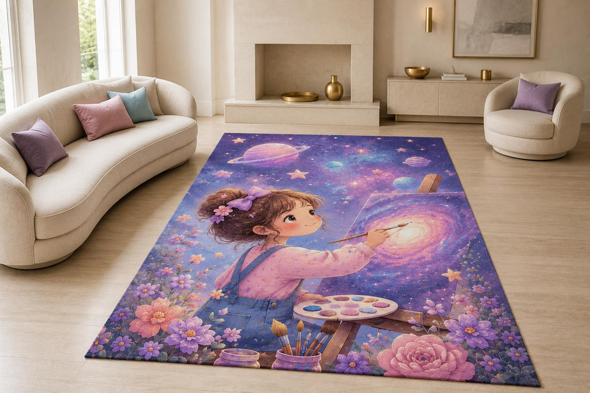 ICE ARMOR "Ultra Lightweight Large 6'7" x 9'10" Girl Painting Galaxy Area Rug for Living Room, Bedroom and Home Office, Soft Low Pile Carpet with Non-Slip Silicone Backing, Purple and Pink