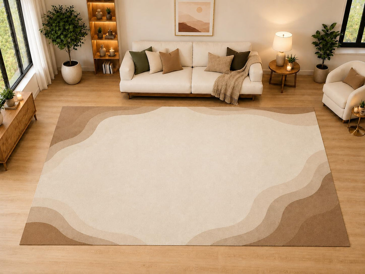 ICE ARMOR "Ultra Light Weight Large 6'7" x 9'10" Layered Border Waves Area Rug for Living Room, Bedroom, Dining Room, Soft Low Pile Non-Slip Backing, Taupe Ivory
