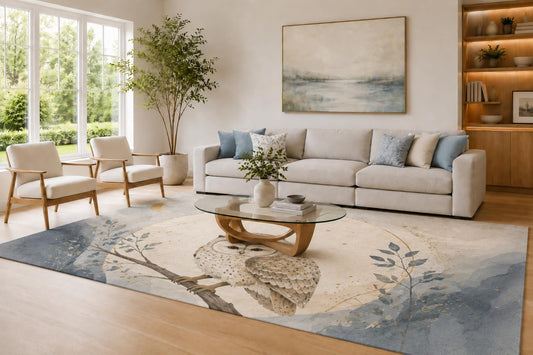 ICE ARMOR Large 6'7" x 9'10" Blue Gray and Cream Owl Tree Area Rug for Living Room, Soft Low Pile Carpet with Non-Slip Silicone Backing, Forest Bird Decor for Bedroom Home Office