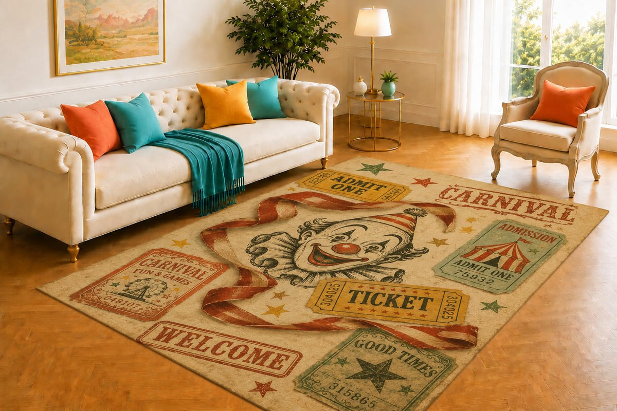 ICE ARMOR 5' x 7' Carnival Ticket Rug, Clown Face Ribbon and Admission Pass Artwork, Smooth Printed Floor Cover for Foyer, Lounge, Bedroom and Retro Decor