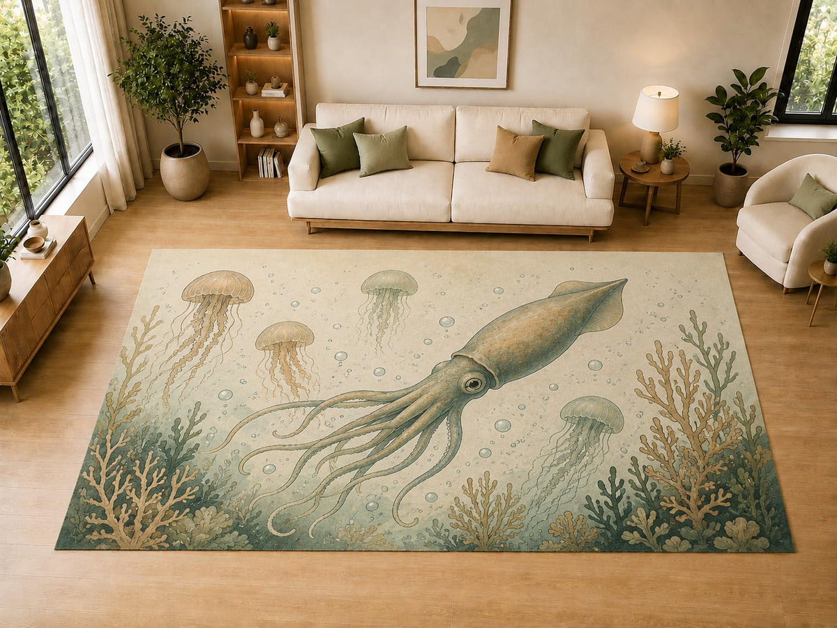 ICE ARMOR "Ultra Light Weight Large 6'7" x 9'10" Squid Jellyfish, Living Room, Bedroom, Dining Room, Office, Family Room, Soft Low Pile Indoor Rug, Non-Slip Silicone Backing, Green
