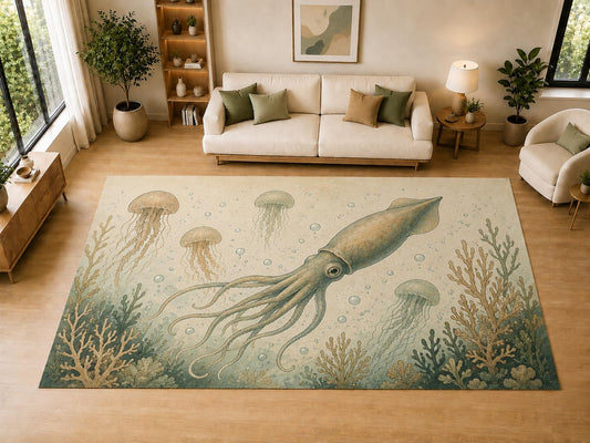 ICE ARMOR "Ultra Light Weight Large 6'7" x 9'10" Squid Jellyfish, Living Room, Bedroom, Dining Room, Office, Family Room, Soft Low Pile Indoor Rug, Non-Slip Silicone Backing, Green