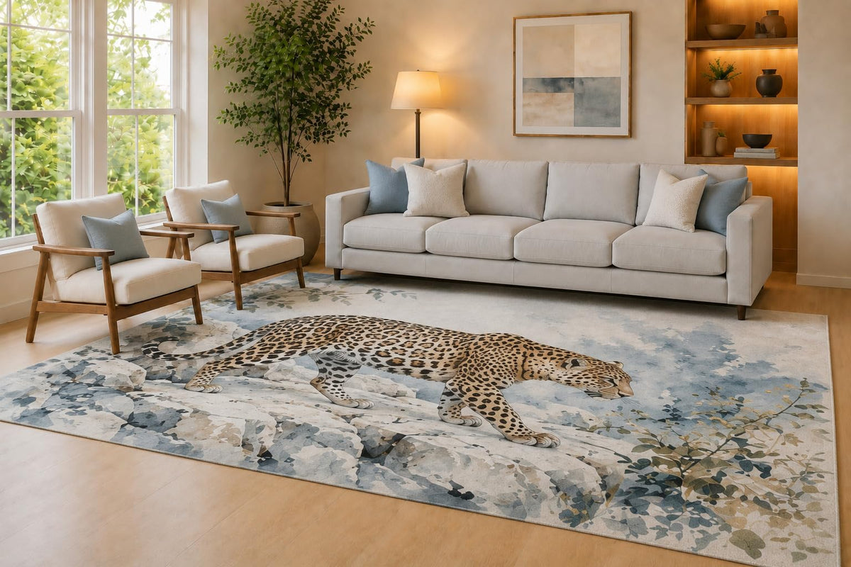 ICE ARMOR Large 6'7" x 9'10" Blue and Cream Rocky Leopard Area Rug for Living Room, Soft Low Pile Carpet with Non-Slip Silicone Backing, Decor for Bedroom Dining Room and Home Office