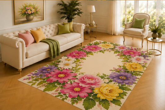 ICE ARMOR 5' x 7' Floral Wreath Rug, Pink Roses, Yellow Blooms and Purple Flowers Framing a Soft Cream Center, Elegant Decor for Bedroom, Living Room or Studio