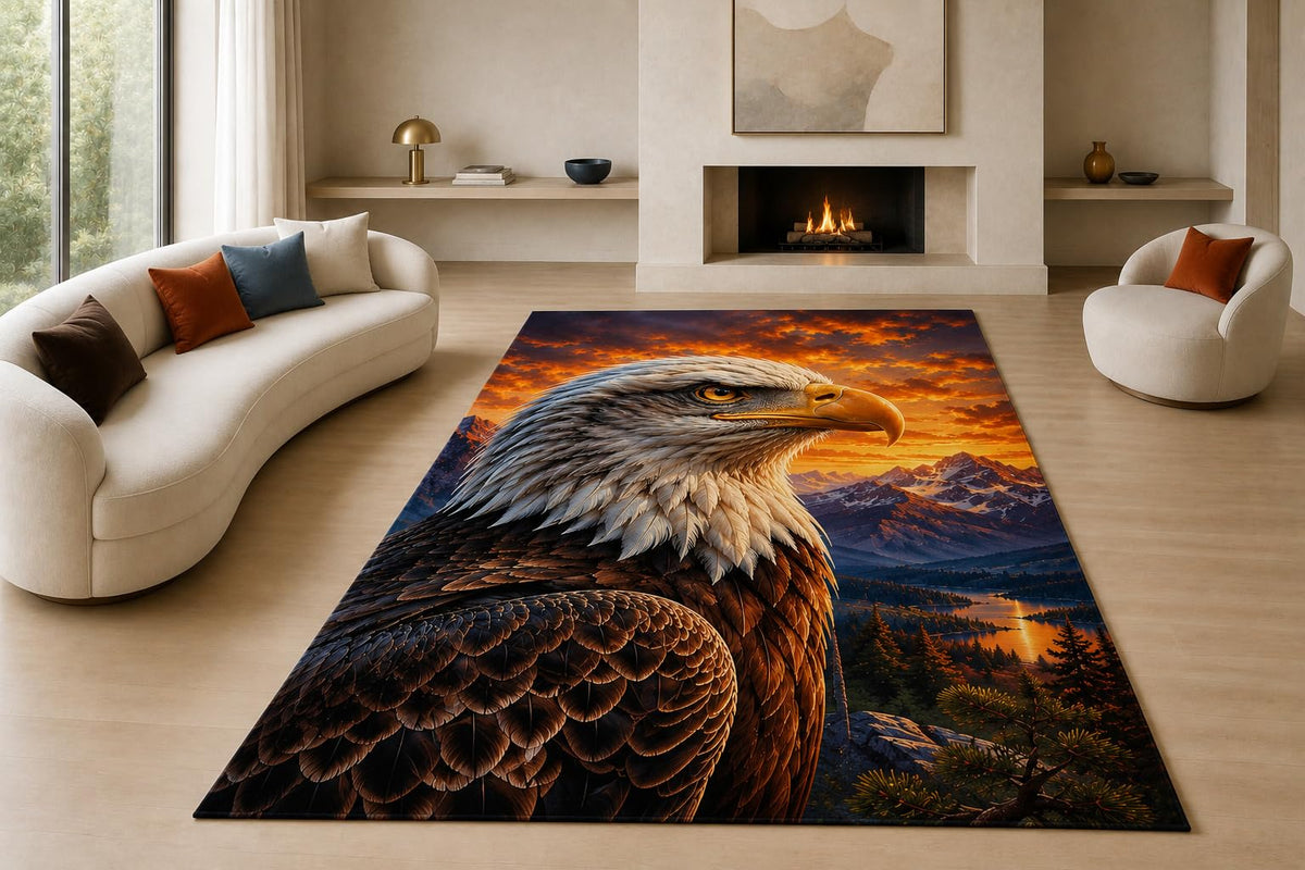 ICE ARMOR "Ultra Lightweight Large 6'7" x 9'10" Bald Eagle Sunset Area Rug for Living Room, Bedroom and Home Office, Soft Low Pile Carpet with Non-Slip Silicone Backing, Brown and Orange