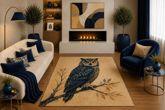 ICE ARMOR "Ultra Light Weight 5' x 7' Navy Gold Owl Area Rug Vintage Botanical Bird Wildlife Art for Living Room Bedroom Office Decor Non-Slip Silicone Backing Low Pile