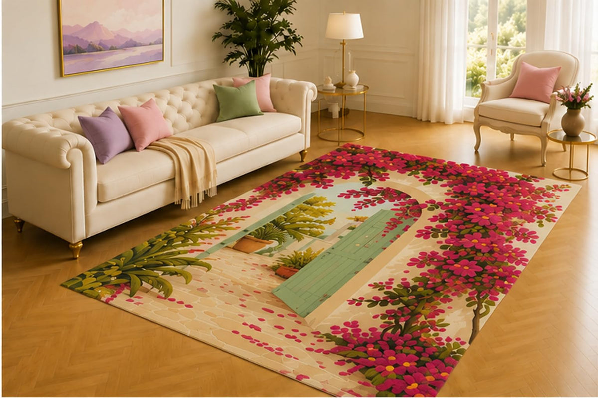 ICE ARMOR 5' x 7' Bougainvillea Courtyard Rug, Magenta Blossoms Framing an Open Mint Door and Sunny Patio, Inviting Highlight for Veranda, Apartment or Welcome Hall