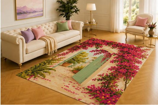 ICE ARMOR 5' x 7' Bougainvillea Courtyard Rug, Magenta Blossoms Framing an Open Mint Door and Sunny Patio, Inviting Highlight for Veranda, Apartment or Welcome Hall