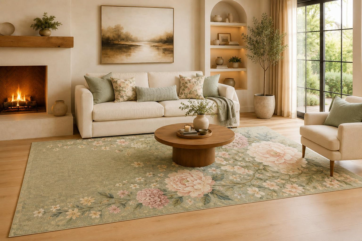 ICE ARMOR Large 6'7" x 9'10" Sage Green and Ivory Romantic Rose Garden Area Rug for Living Room, Soft Low Pile Carpet with Non-Slip Silicone Backing, Decor for Bedroom and Home Office