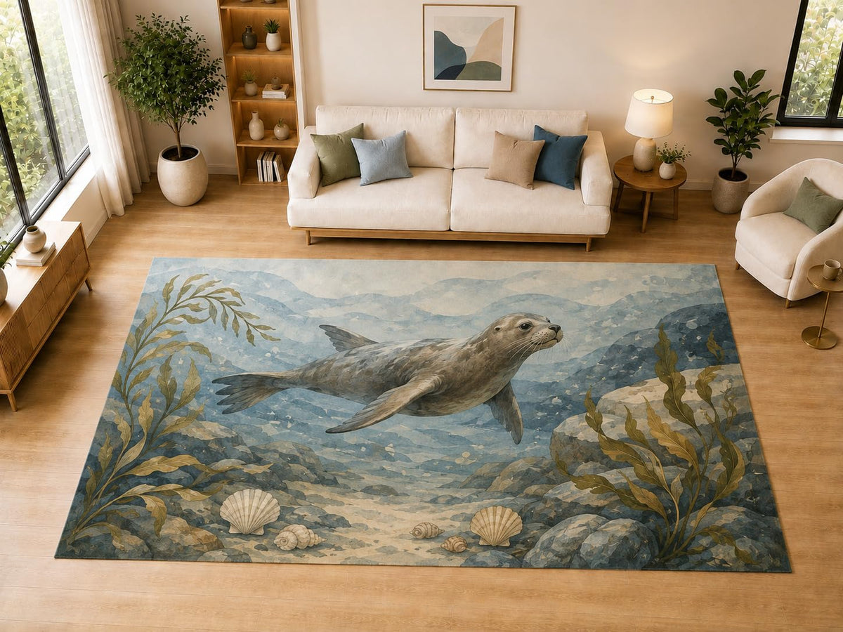 ICE ARMOR "Ultra Light Weight Large 6'7" x 9'10" Seal Ocean Seaweed Decor, Living Room, Bedroom, Dining Room, Office, Family Room, Soft Low Pile Indoor Rug, Non-Slip Silicone Backing, Blue
