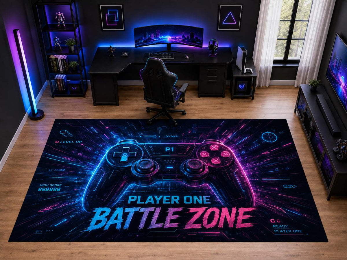 ICE ARMOR "Ultra Light Weight Large 6'7" x 9'10" Player One Battle Zone Area Rug for Kids Room Playroom, Soft Low Pile Indoor Rug and Non-Slip Silicone Backing, Black
