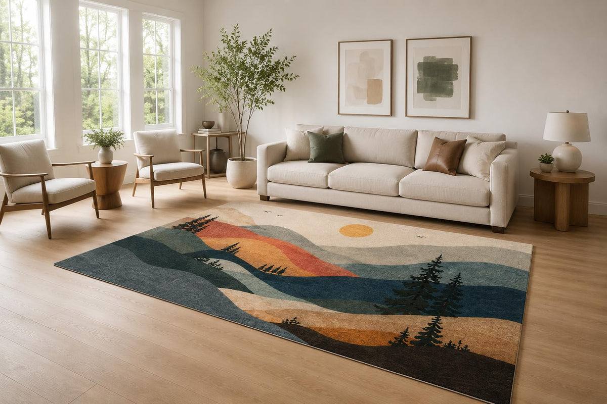 ICE ARMOR Large 6'7" x 9'10" Teal and Terracotta Layered Hills Area Rug for Living Room, Soft Low Pile Carpet with Non-Slip Silicone Backing, Decor for Bedroom and Home Office