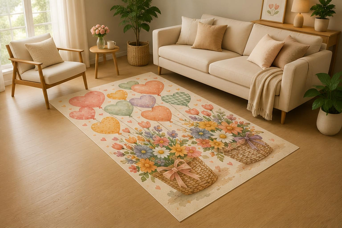 ICE ARMOR 5' x 7' Heart Balloon Flower Basket Area Rug, Soft Low Pile Indoor Rug with Non-Slip Silicone Backing for Nursery, Kids Room, Playroom, Kids & Pets, Pink Yellow Green