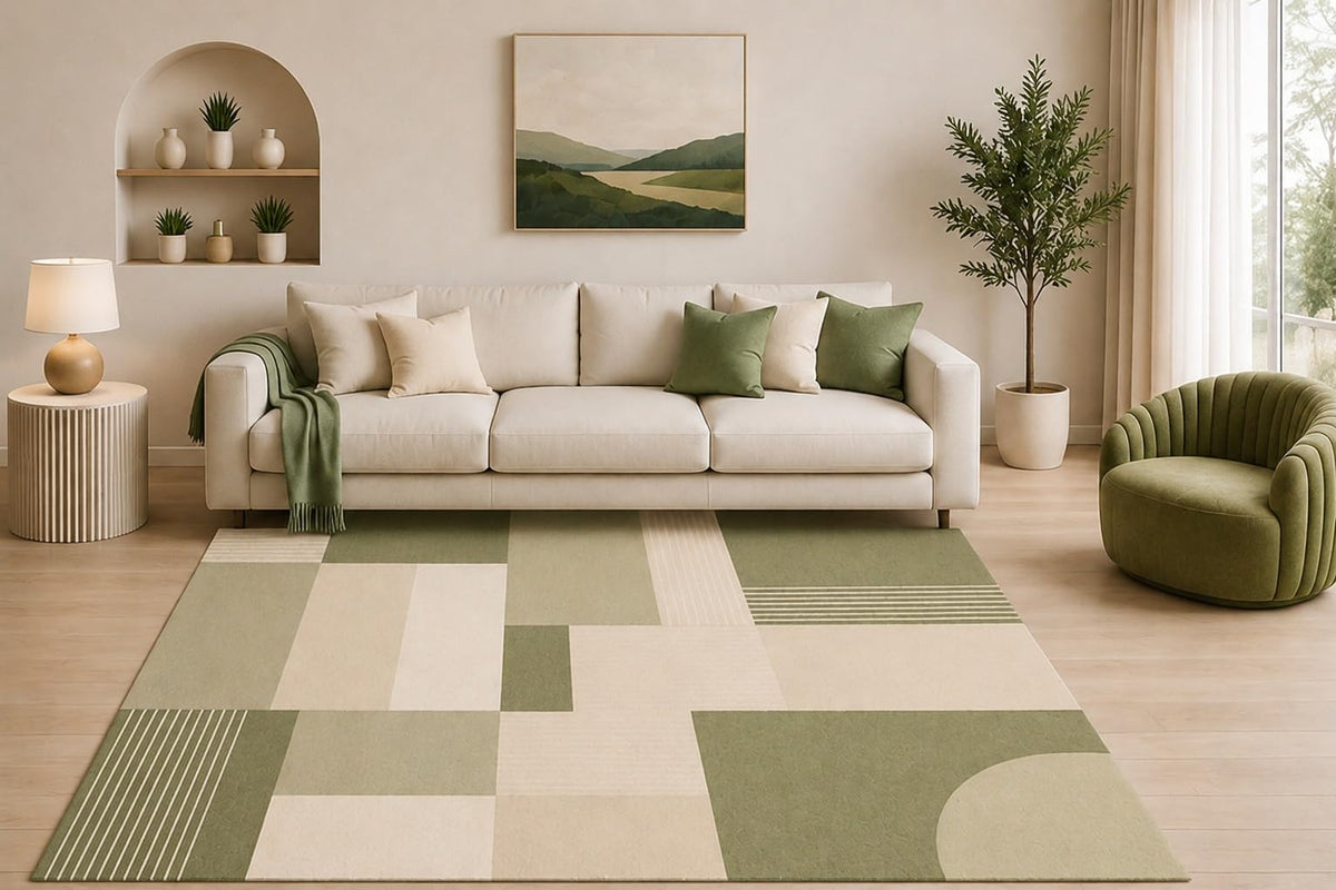 ICE ARMOR 5' x 7' Sage Green Geometric Area Rug, Modern Abstract Block Pattern for Living Room Bedroom Office, Non-Slip Silicone Backing, Low Pile Carpet