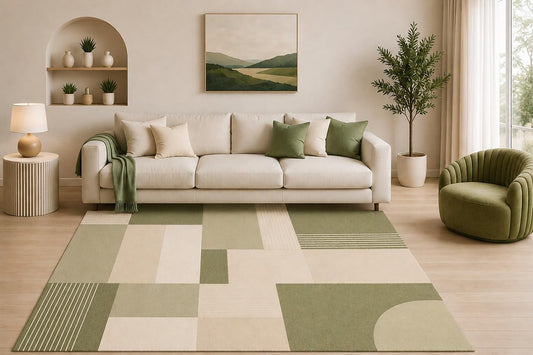 ICE ARMOR 5' x 7' Sage Green Geometric Area Rug, Modern Abstract Block Pattern for Living Room Bedroom Office, Non-Slip Silicone Backing, Low Pile Carpet