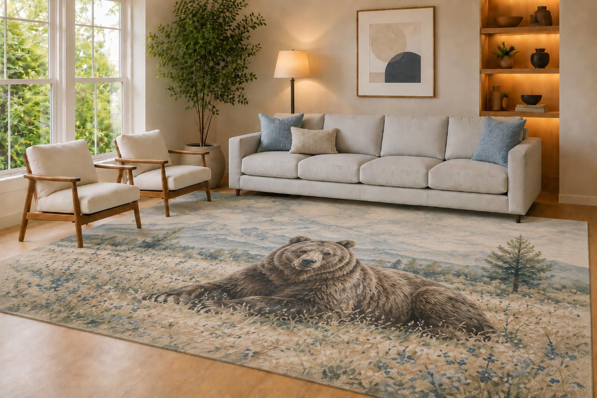 ICE ARMOR Large 6'7" x 9'10" Blue and Beige Mountain Bear Area Rug for Living Room, Soft Low Pile Carpet with Non-Slip Silicone Backing, Decor for Bedroom Dining Room and Home Office