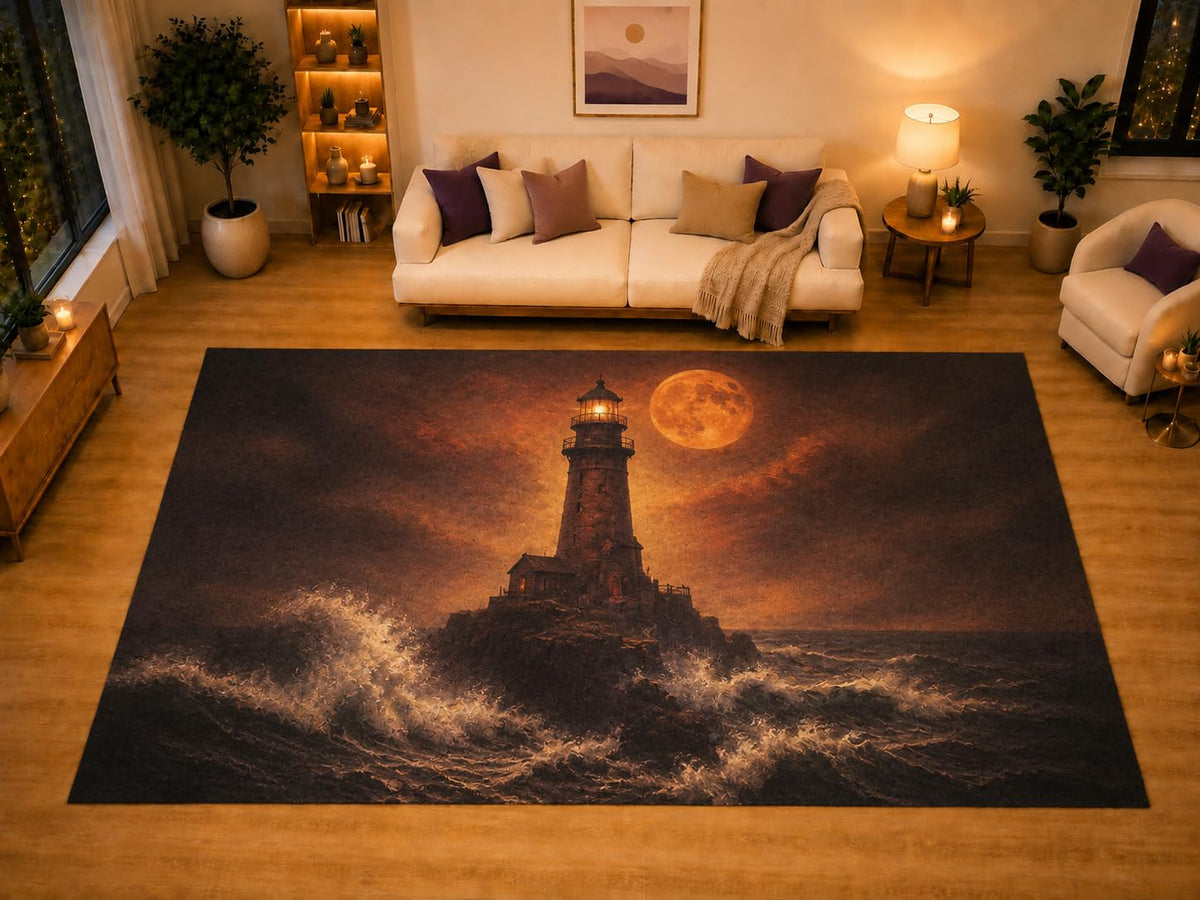ICE ARMOR "Ultra Light Weight Large 6'7" x 9'10" Lighthouse Orange Full Moon Area Rug for Living Room Bedroom, Soft Low Pile Non-Slip Backing, Black Orange Stormy Ocean Gothic Decor