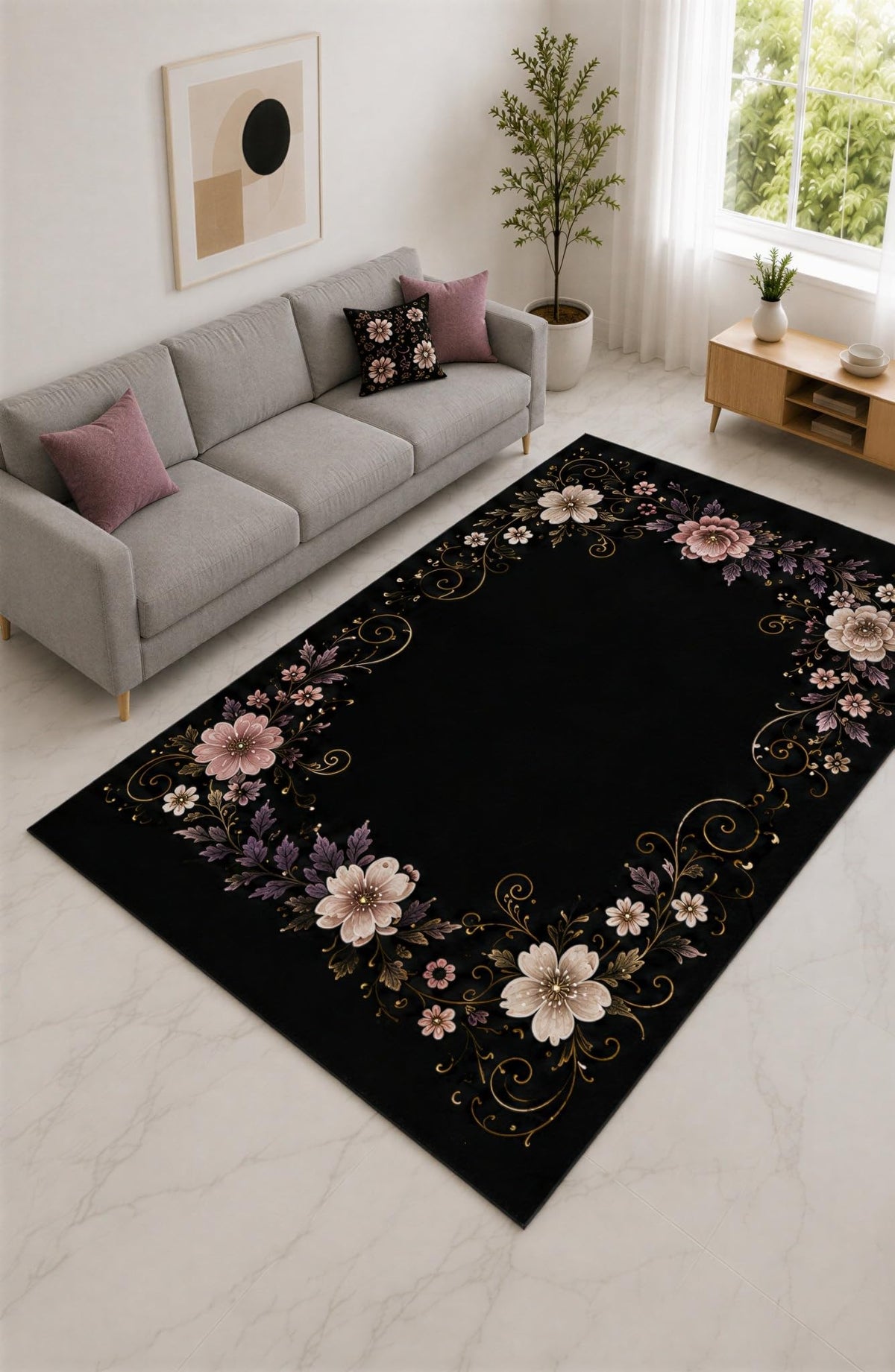ICE ARMOR "Ultra Lightweight Large 6'7" x 9'10" Black and Mauve Ornate Bloom Frame Area Rug for Living Room, Bedroom and Home Office, Soft Low Pile Carpet with Non-Slip Silicone Backing