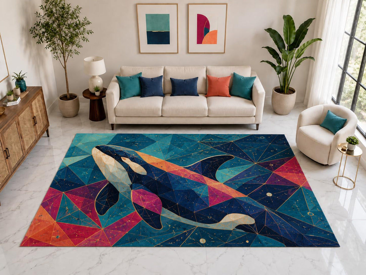 ICE ARMOR "Ultra Light Weight Large 6'7" x 9'10" Geometric Orca Rug, Soft Low Pile Indoor Rug, Non-Slip Silicone Backing for Living Room Blue