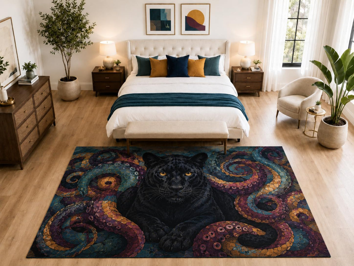ICE ARMOR "Ultra Light Weight Large 6'7" x 9'10" Black Panther Octopus Rug, Soft Low Pile Indoor Rug, Non-Slip Silicone Backing for Bedroom Blue