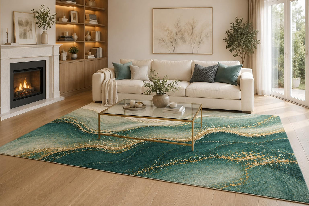 ICE ARMOR 6'7" x 9'10" Teal Green, Cream and Metallic Beige Teal Marble Currents Area Rug, Soft Low Pile Carpet with Non-Slip Silicone Backing for Living Room, Bedroom, Dining Area and Home Office