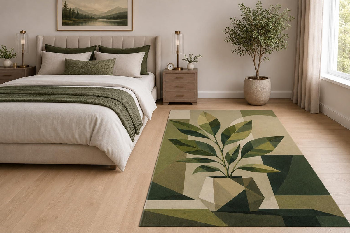 ICE ARMOR "Ultra Light Weight 5' x 7' Geometric Plant Area Rug for Living Room, Bedroom and Home Office, Soft Low Pile Carpet with Non-Slip Silicone Backing, Green and Beige