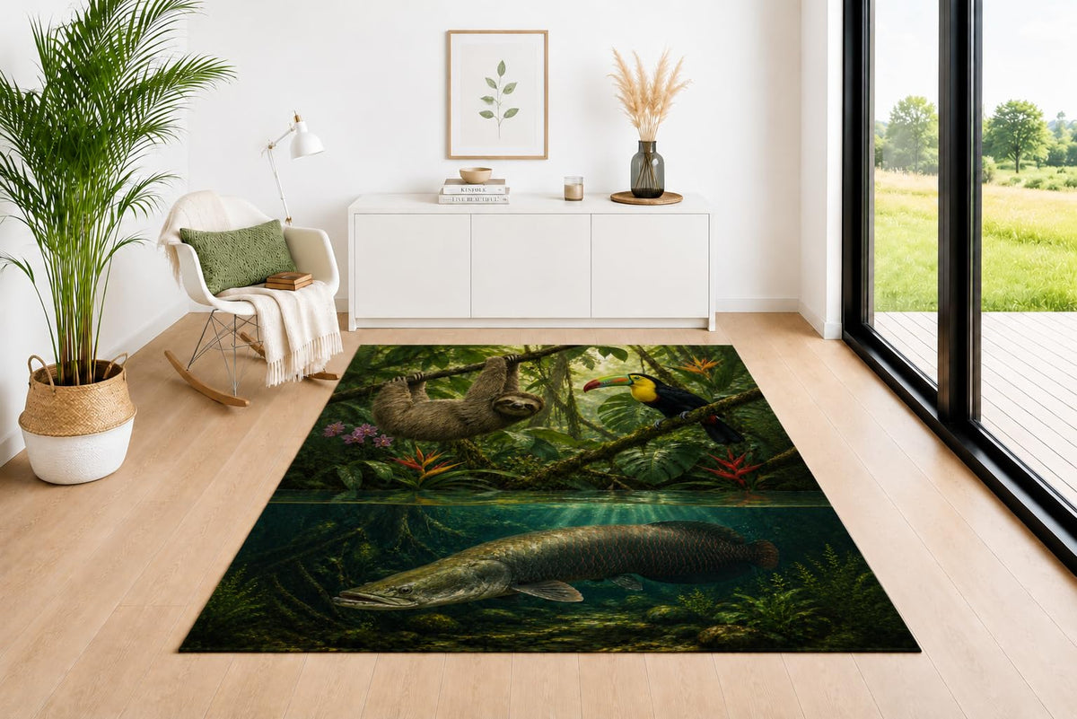 ICE ARMOR 5' x 7' Rainforest Wildlife Area Rug, Soft Low Pile Indoor Carpet with Non-Slip Silicone Backing for Living Room, Bedroom, Dining Space, Office, Kids & Pets, Green