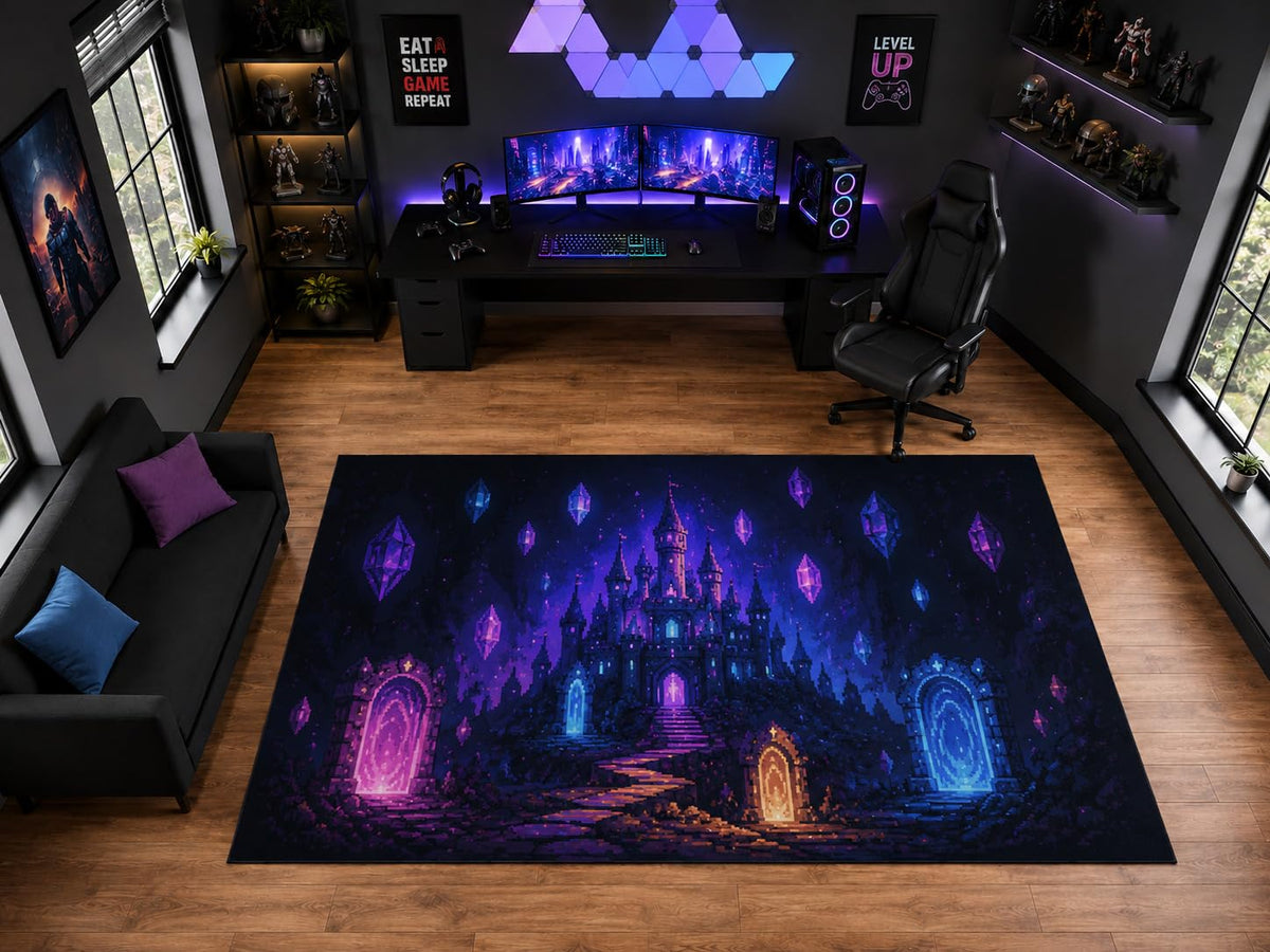 ICE ARMOR "Ultra Light Weight Large 6'7" x 9'10" Pixel Fantasy Castle and Portal Area Rug for Gaming Room Decor, Soft Low Pile Indoor Rug with Non-Slip Silicone Backing, Purple Blue