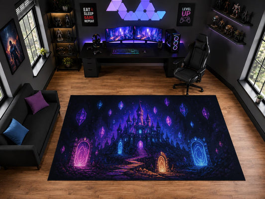 ICE ARMOR "Ultra Light Weight Large 6'7" x 9'10" Pixel Fantasy Castle and Portal Area Rug for Gaming Room Decor, Soft Low Pile Indoor Rug with Non-Slip Silicone Backing, Purple Blue