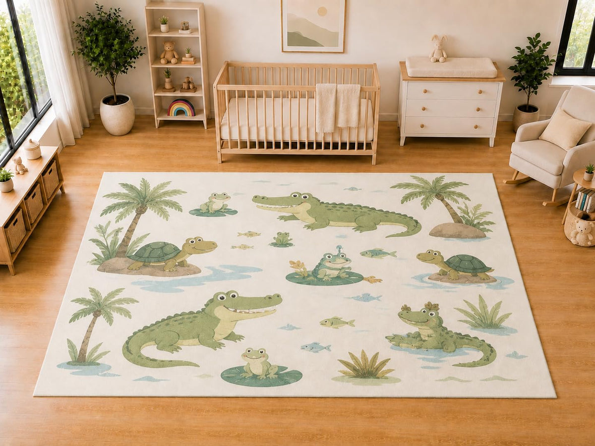 ICE ARMOR "Ultra Light Weight Large 6'7 x 9'10 Crocodile Turtle Pond Area Rug for Kids Room, Nursery, Playroom, Soft Low Pile Indoor Carpet, Cute Animal Floor Decor