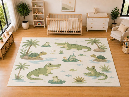 ICE ARMOR "Ultra Light Weight Large 6'7 x 9'10 Crocodile Turtle Pond Area Rug for Kids Room, Nursery, Playroom, Soft Low Pile Indoor Carpet, Cute Animal Floor Decor
