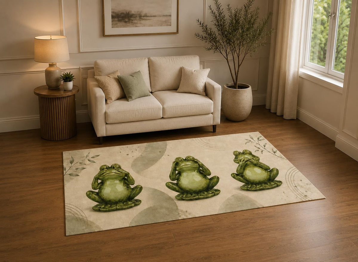 ICE ARMOR "Ultra Light Weight 5' x 7' Lotus Frog Meditation Area Rug for Living Room, Bedroom and Home Office, Soft Low Pile Carpet with Non-Slip Silicone Backing, Green and Cream