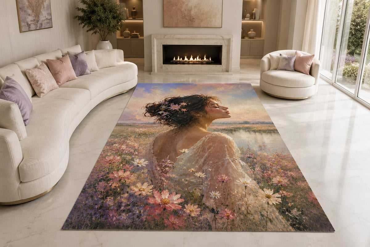 ICE ARMOR "Ultra Lightweight Large 6'7" x 9'10" Meadow Woman Area Rug for Living Room, Bedroom and Home Office, Soft Low Pile Carpet with Non-Slip Silicone Backing, Blush and Beige