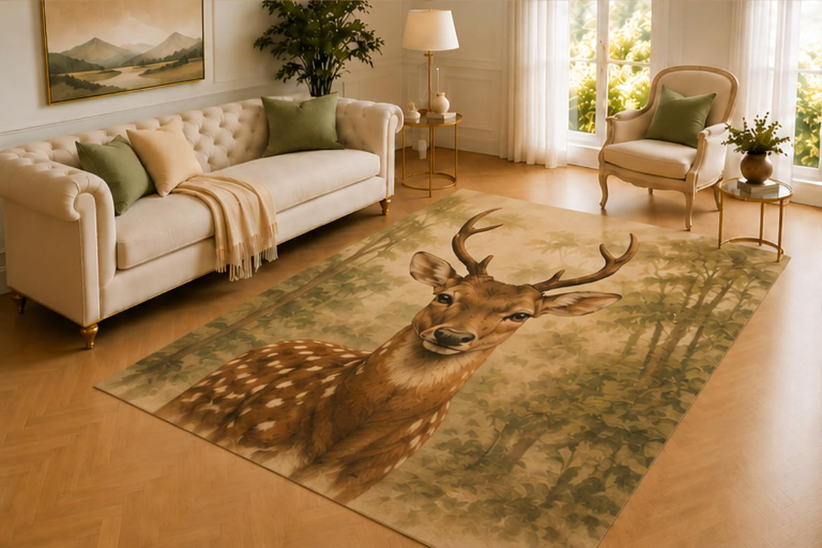 ICE ARMOR 5' x 7' Spotted Deer Rug, Gentle Forest Wildlife in Leafy Woodland Art, Smooth Printed Floor Cover for Living Room, Bedroom, Nursery and Nature Decor
