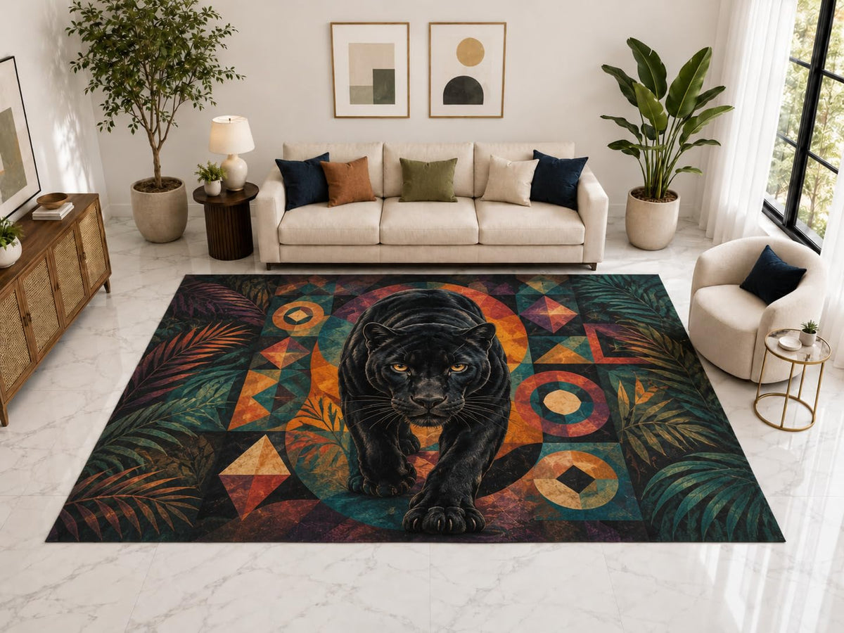 ICE ARMOR "Ultra Light Weight Large 6'7" x 9'10" Black Panther Tropical Rug, Soft Low Pile Indoor Rug, Non-Slip Silicone Backing for Living Room Teal
