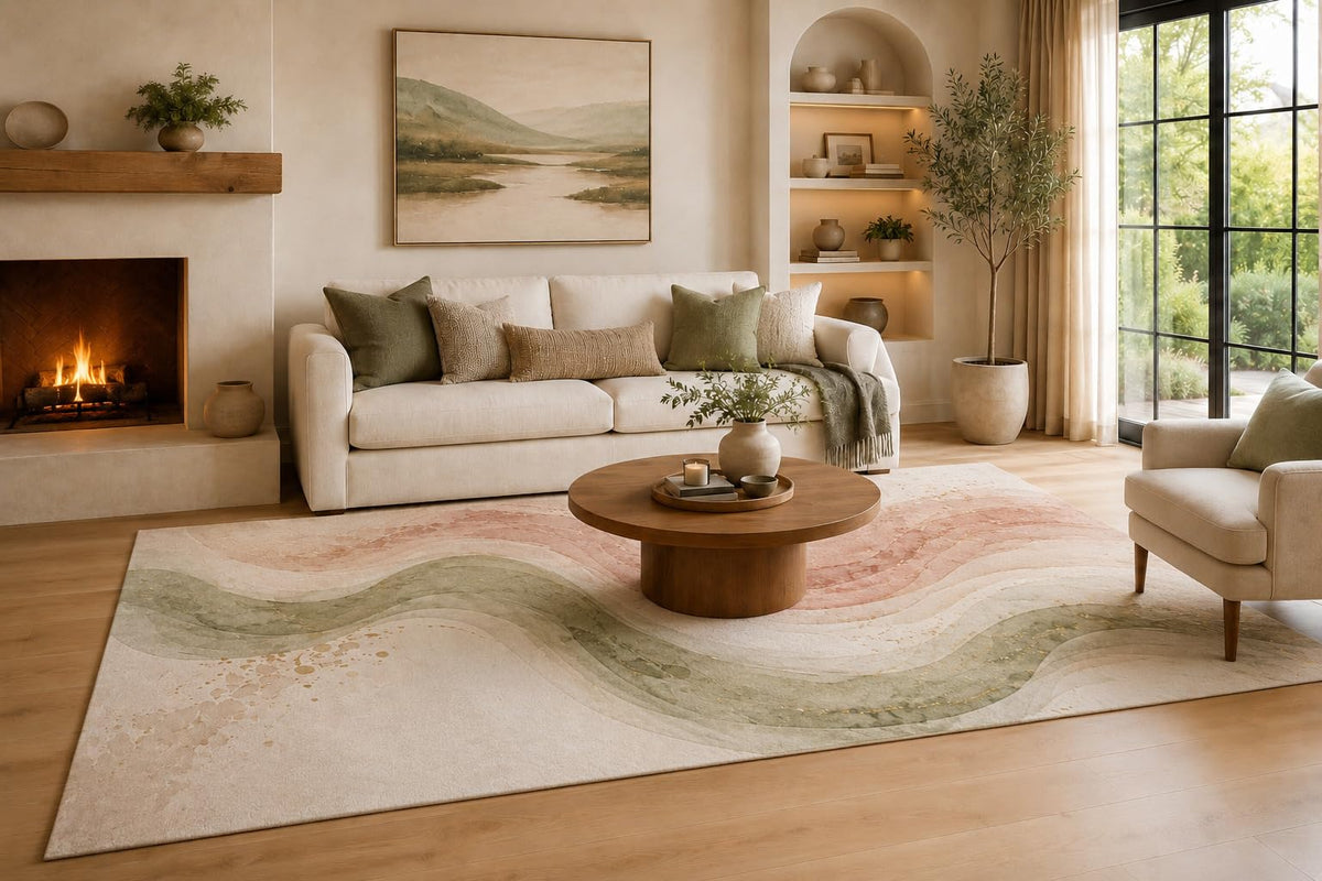 ICE Armor Large 6'7" x 9'10" Sage Green and Ivory Layered Current Waves Area Rug for Living Room, Soft Low Pile Carpet with Non-Slip Silicone Backing, Decor for Bedroom, Dining Area and Home Office