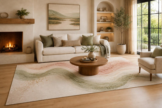 ICE Armor Large 6'7" x 9'10" Sage Green and Ivory Layered Current Waves Area Rug for Living Room, Soft Low Pile Carpet with Non-Slip Silicone Backing, Decor for Bedroom, Dining Area and Home Office