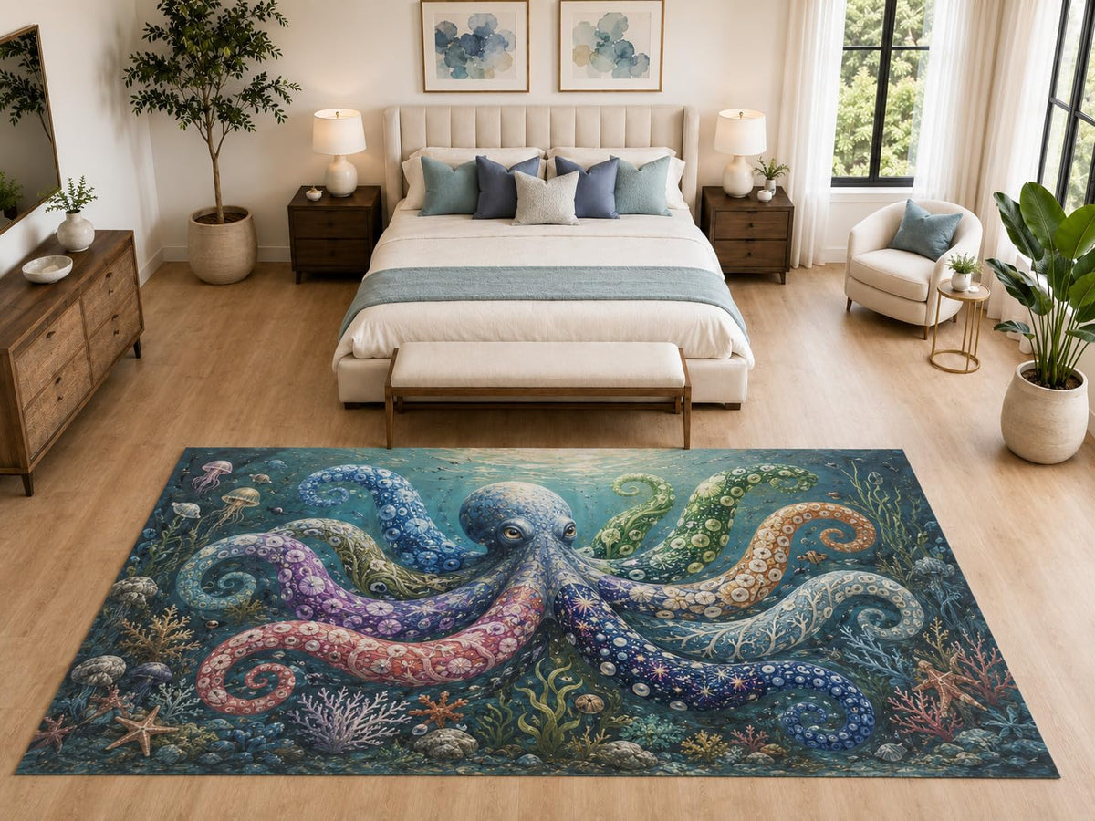 ICE ARMOR "Ultra Light Weight Large 6'7" x 9'10" Octopus Ocean Reef Rug for Bedroom, Soft Low Pile Indoor Rug and Non-Slip Silicone Backing, Blue