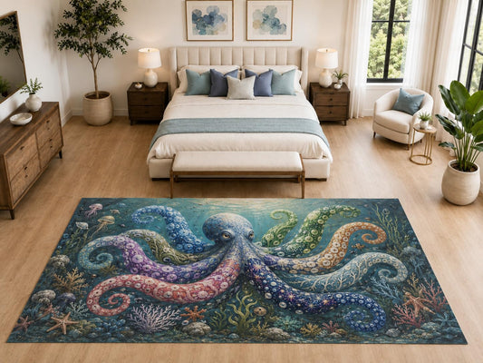 ICE ARMOR "Ultra Light Weight Large 6'7" x 9'10" Octopus Ocean Reef Rug for Bedroom, Soft Low Pile Indoor Rug and Non-Slip Silicone Backing, Blue