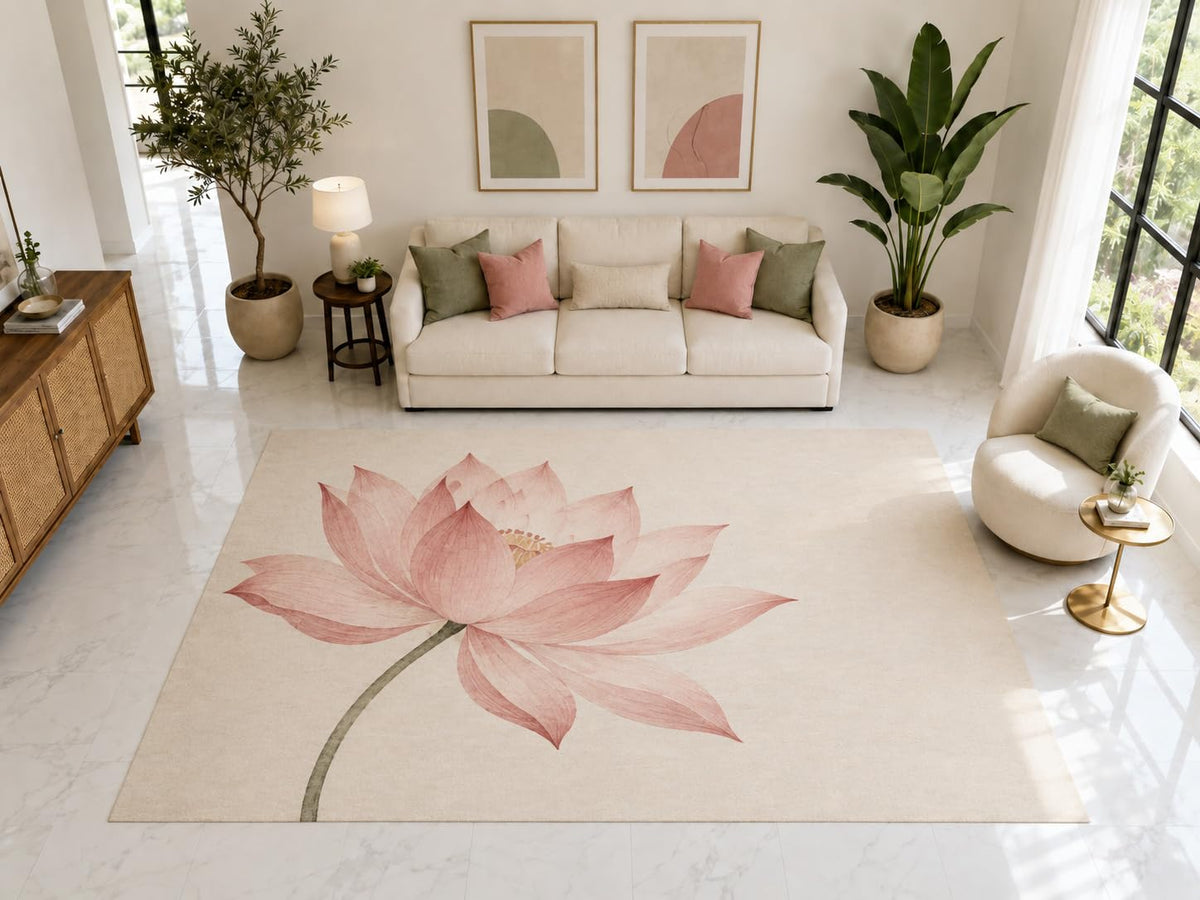 ICE ARMOR "Ultra Light Weight Large 6'7" x 9'10" Pink Lotus Floral Rug, Soft Low Pile Indoor Rug, Non-Slip Silicone Backing for Living Room Pink