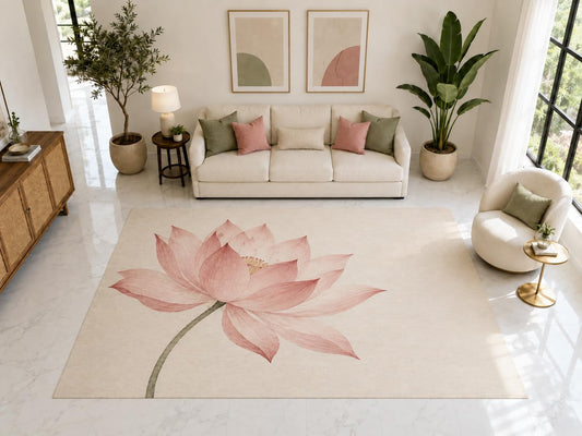 ICE ARMOR "Ultra Light Weight Large 6'7" x 9'10" Pink Lotus Floral Rug, Soft Low Pile Indoor Rug, Non-Slip Silicone Backing for Living Room Pink