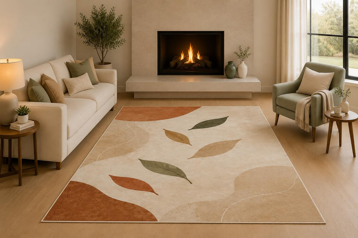 ICE ARMOR 5' x 7' Modern Abstract Botanical Leaves Area Rug with Non-Slip Silicone Backing Low Pile Soft Carpet for Living Room Bedroom Office Neutral Boho Decor