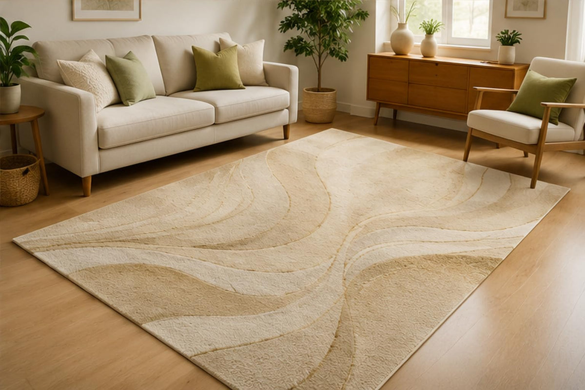 ICE ARMOR 5' x 7' Beige Abstract Flow Area Rug for Living Room, Soft Low Pile Indoor Rug with Non-Slip Silicone Backing, Modern Minimalist Carpet for Bedroom, Dining Room, Office, Beige Cream