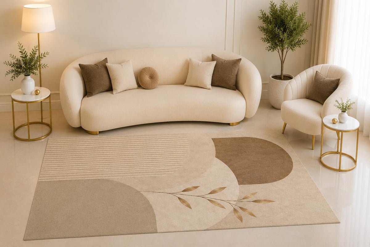 ICE ARMOR 5' x 7' Modern Abstract Area Rug, Neutral Beige Geometric Leaf Design for Living Room Bedroom Office, Non-Slip Silicone Backing Low Pile Indoor Carpet Decor